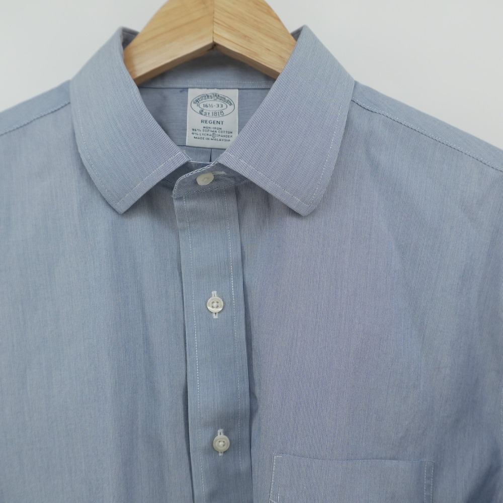 Brooks Brothers Dress Shirt Mens 16.5 33 Blue Regent Non-Iron Stretch Stripe